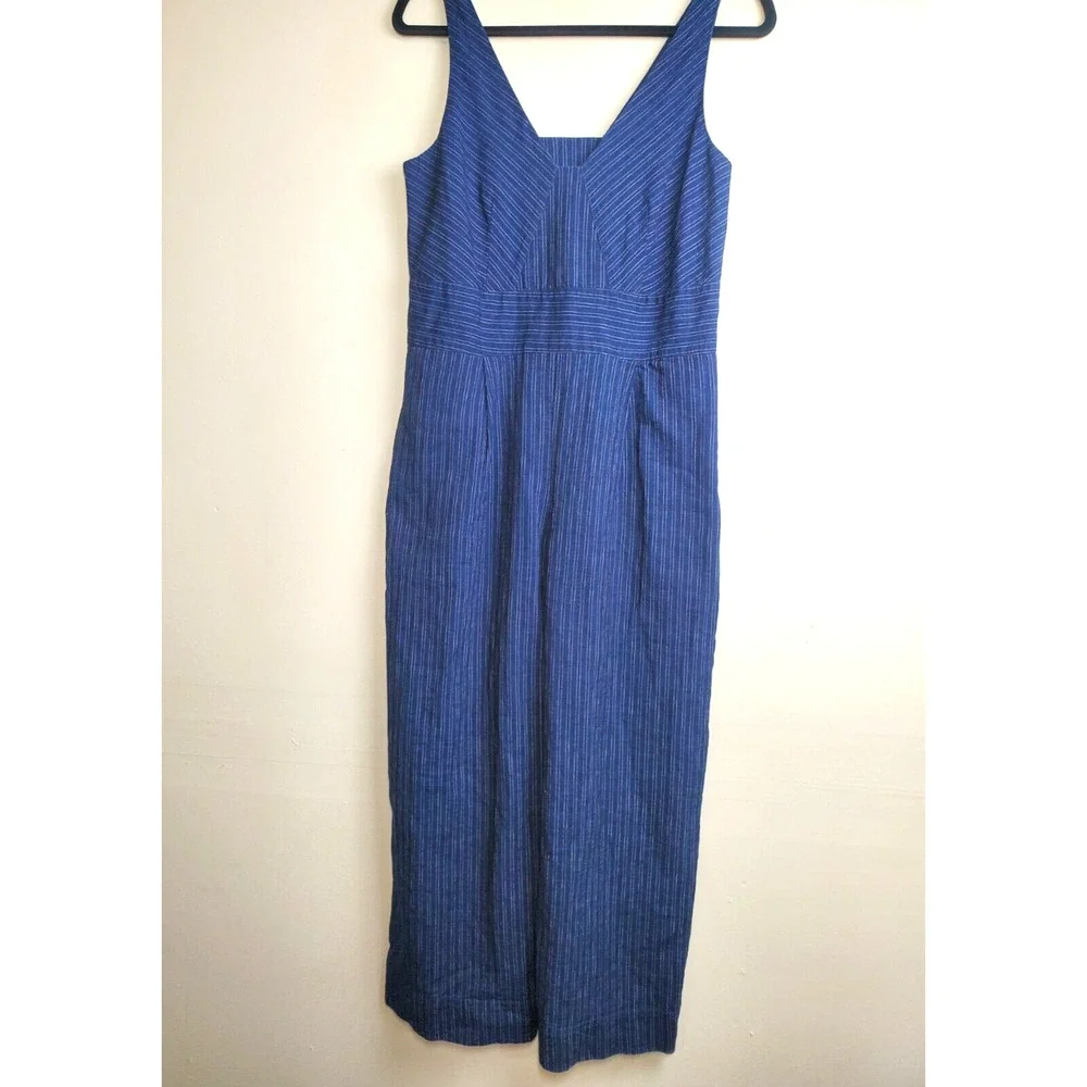 Banana Republic Womens 2 Jumpsuit Wide-Leg Crop Linen Pockets Indigo‎ Striped